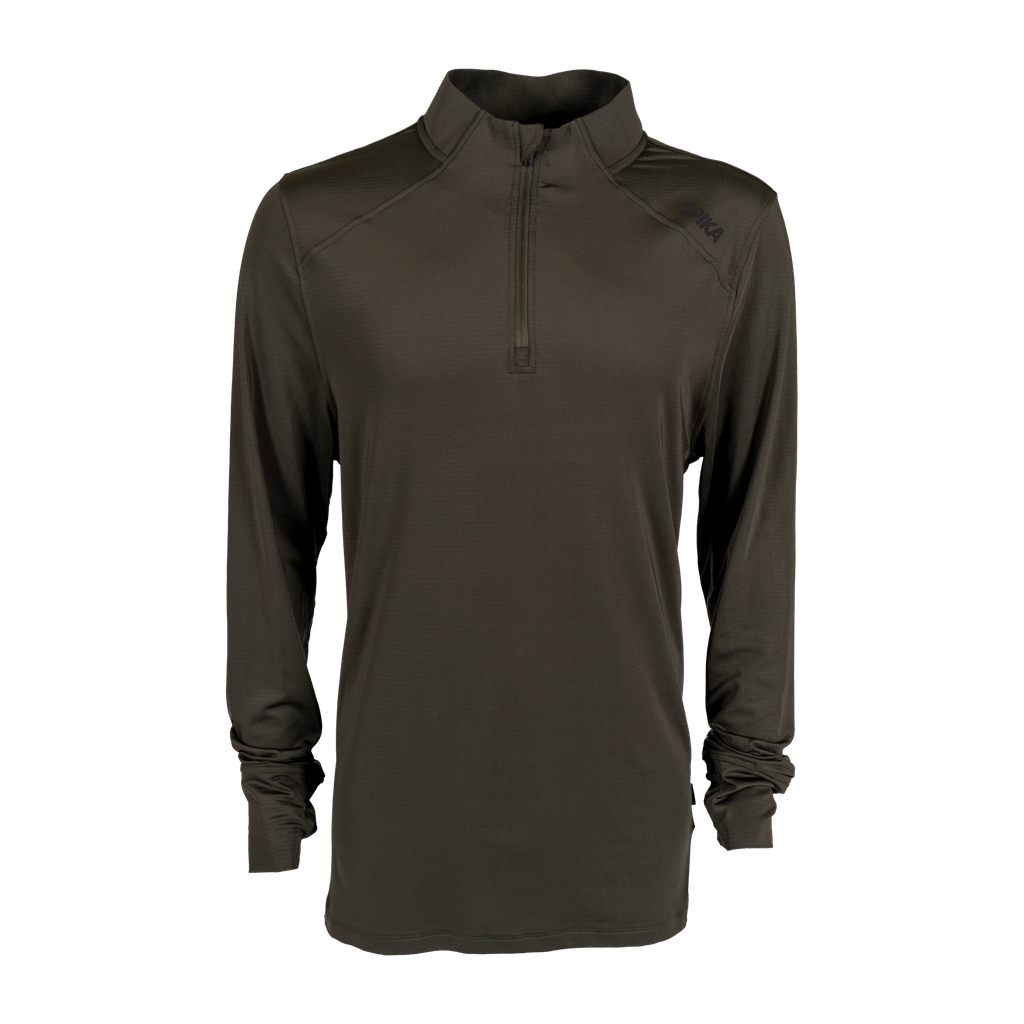 Spika Enduro men's athletic quarter-zip top in Olive Summit with raglan shoulders, front view