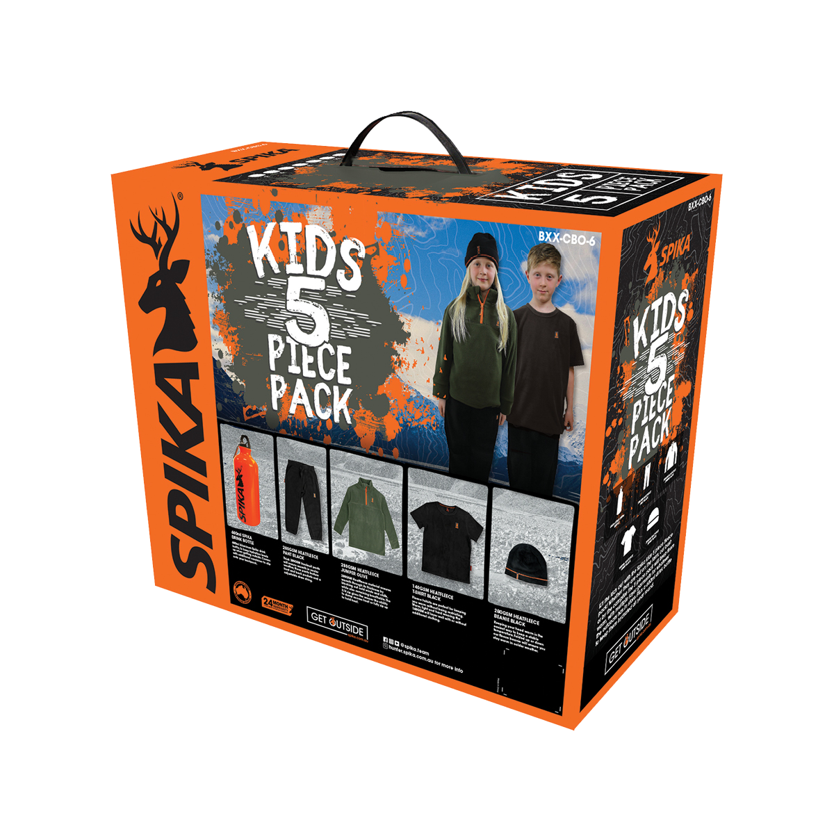 Spika Kids 5 Piece Box Pack in orange gift box showing the fleece, tee, pants, beanie and bottle