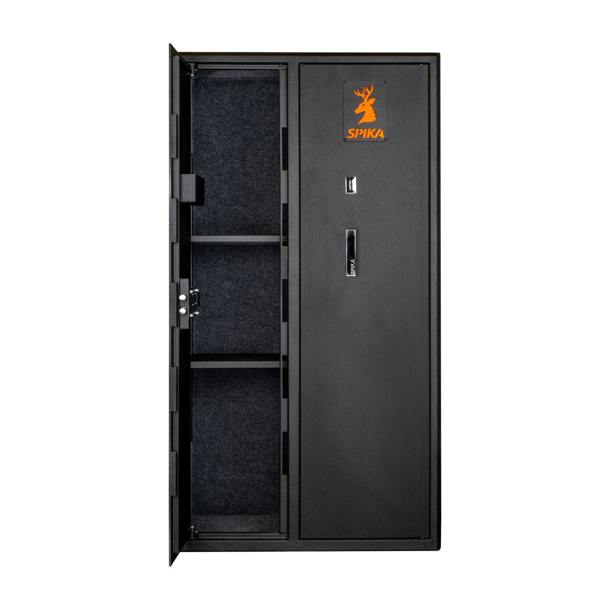 Spika SDD double door safe with left door open showing carpeted shelves