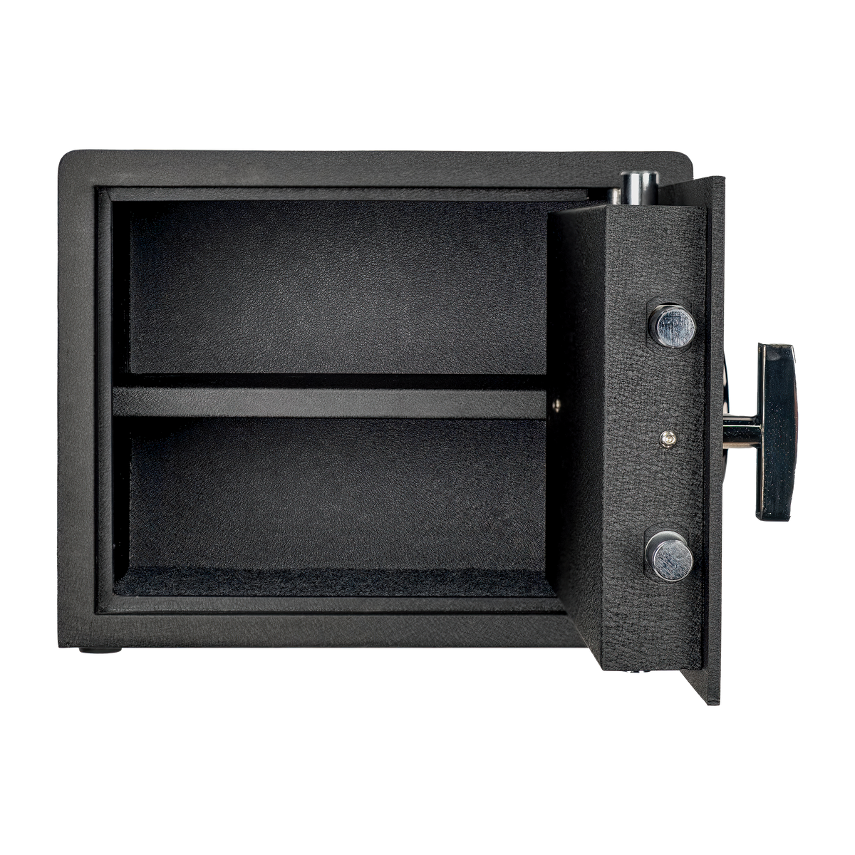 Spika SP digital pistol safe with door open showing carpeted shelf and locking bolts