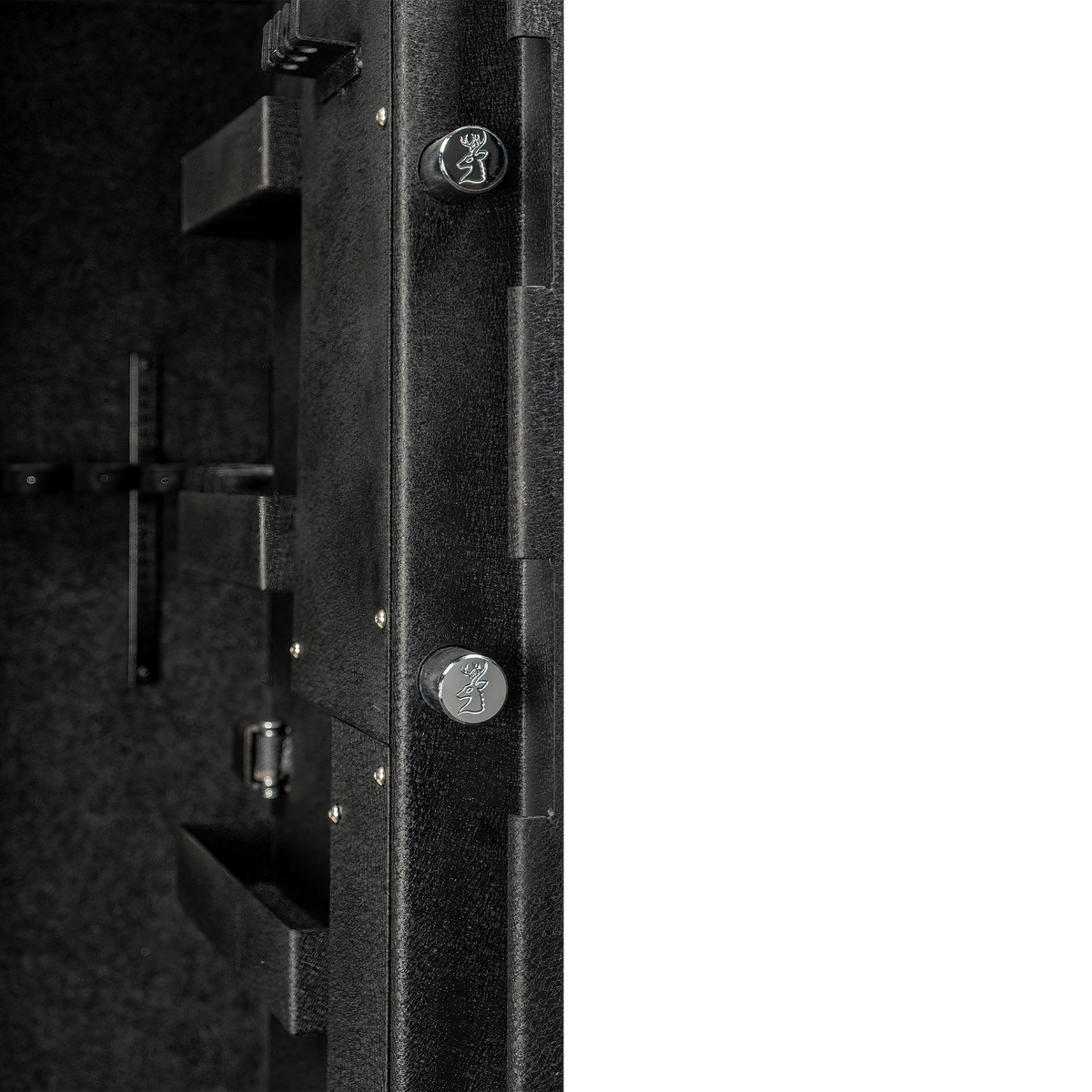 Close-up of the Spika S4 gun safe door edge with stag-stamped locking bolts and barrel holders