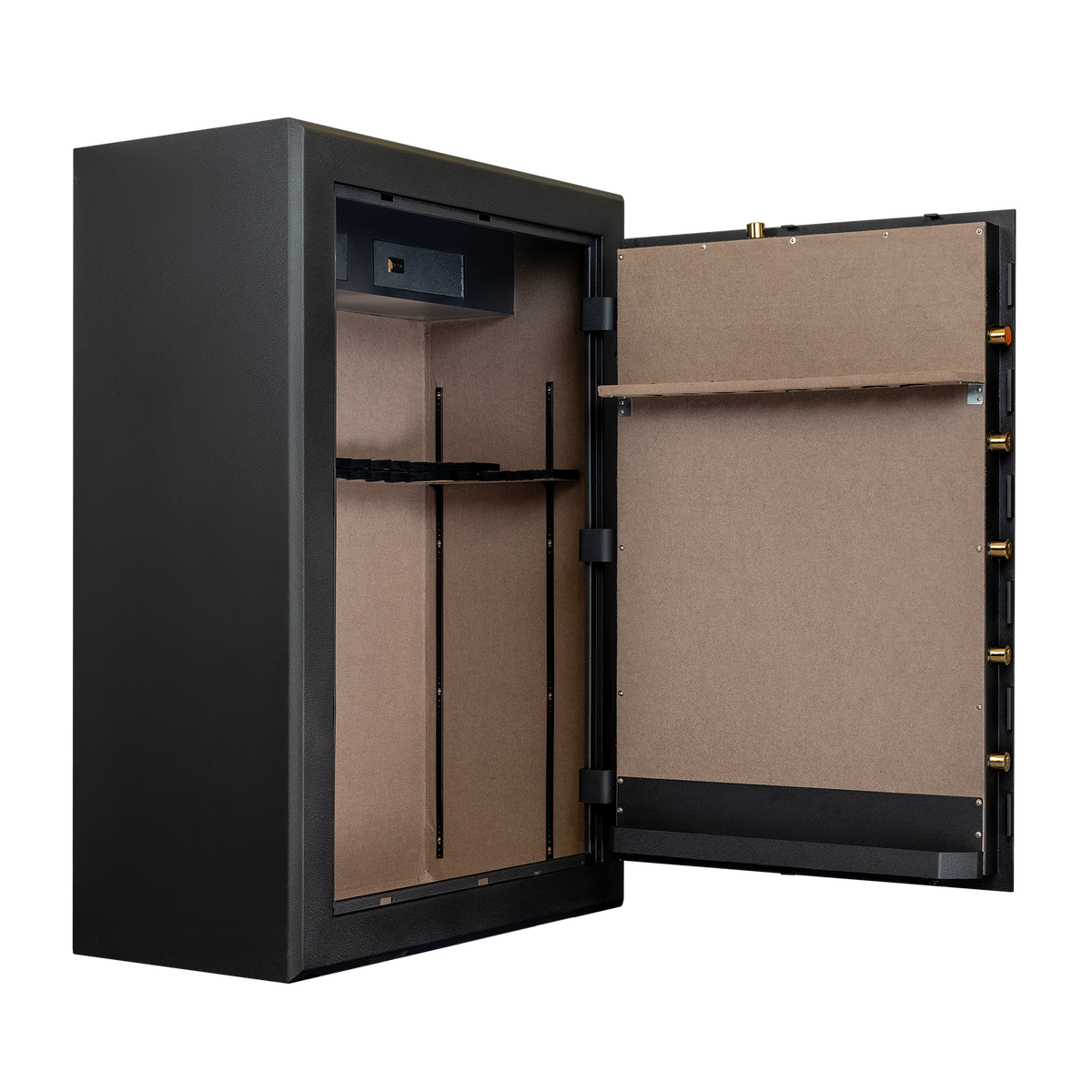 Spika SCH2 extra large 33-gun safe open at an angle showing shelves and lined door