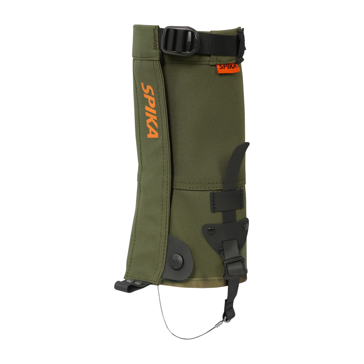 Spika Strike youth hunting gaiter in Olive, single gaiter with orange Spika logo and top strap
