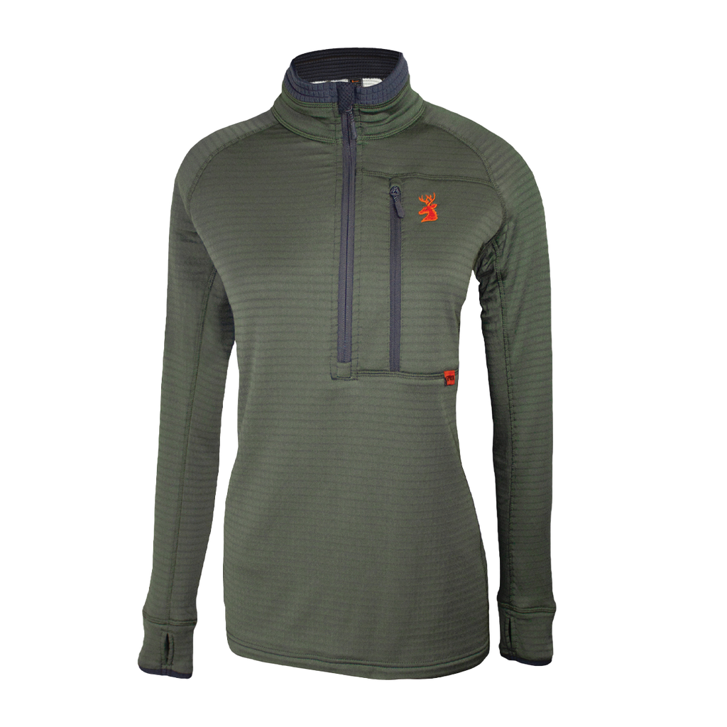 Spika Gridfleece women's half-zip top in Olive, front view with grid fleece texture and chest zip