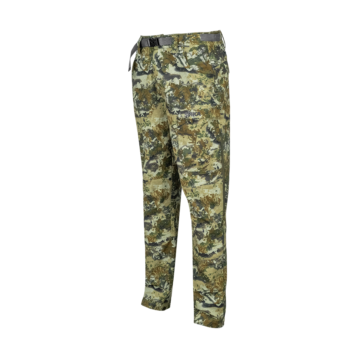 Spika Recon women's hunting pants in Biarri Camo, three-quarter side view with belt