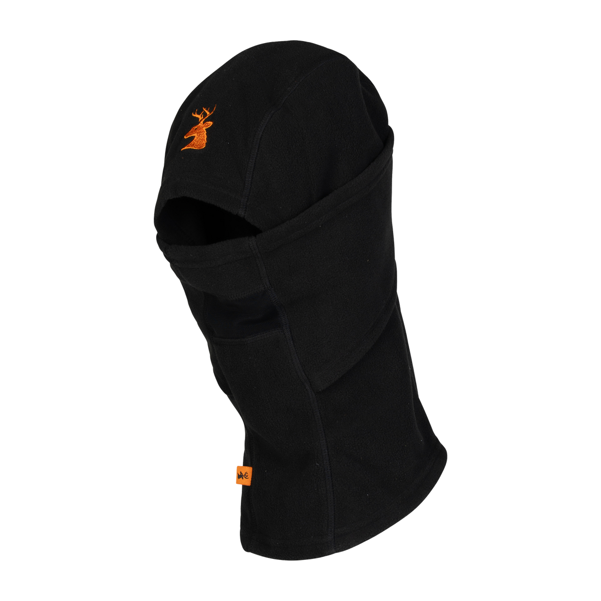 Spika Alpine adult fleece balaclava in Black, three-quarter view with orange deer logo