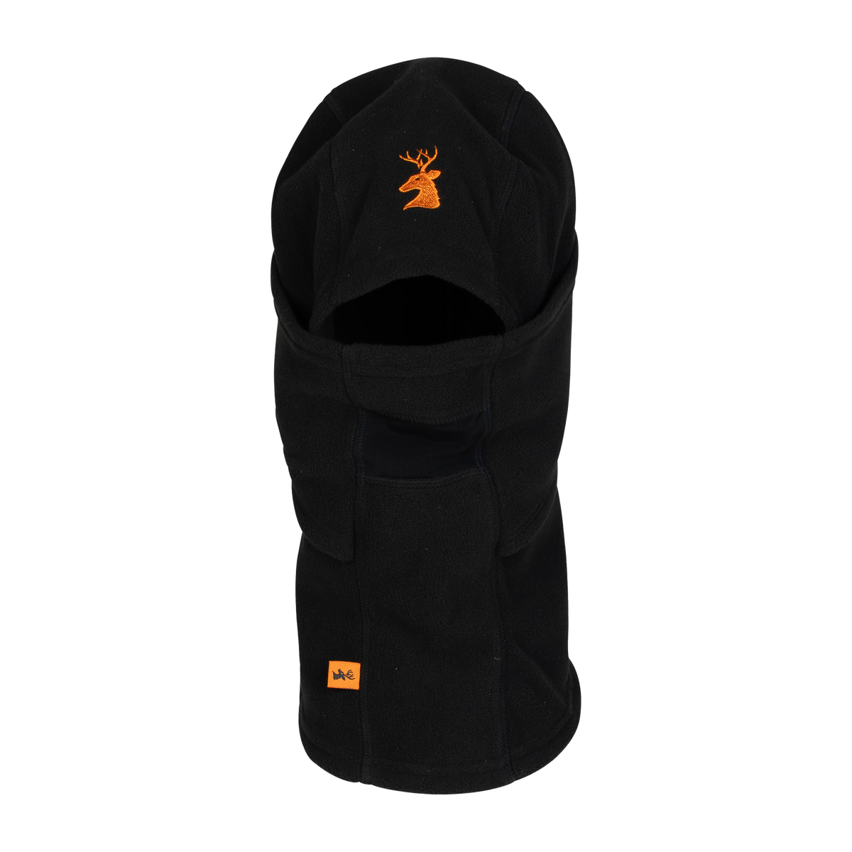 Spika Alpine adult fleece balaclava in Black, front view showing face opening and deer logo
