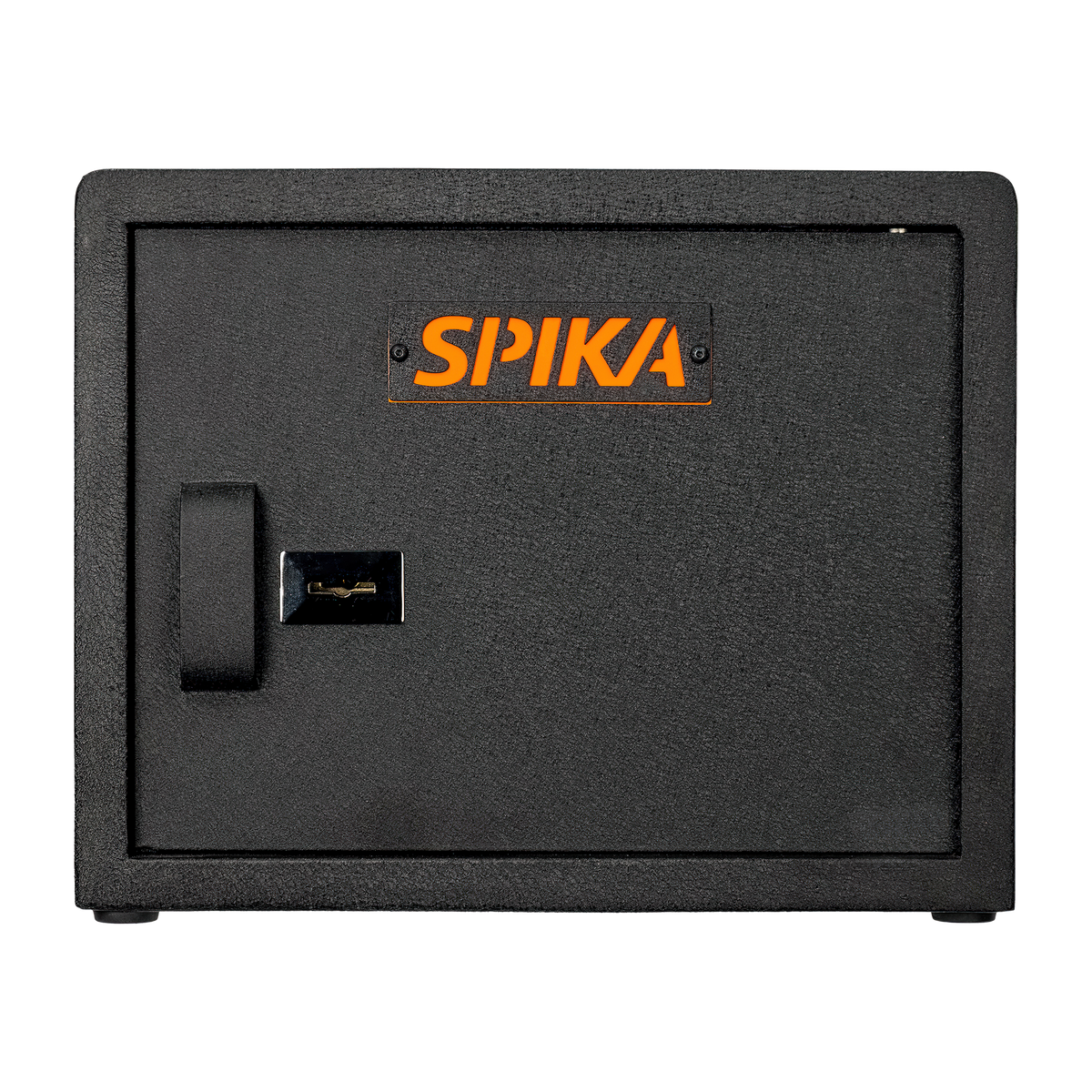 Spika SPK key pistol safe front view with key lock, handle and orange Spika logo