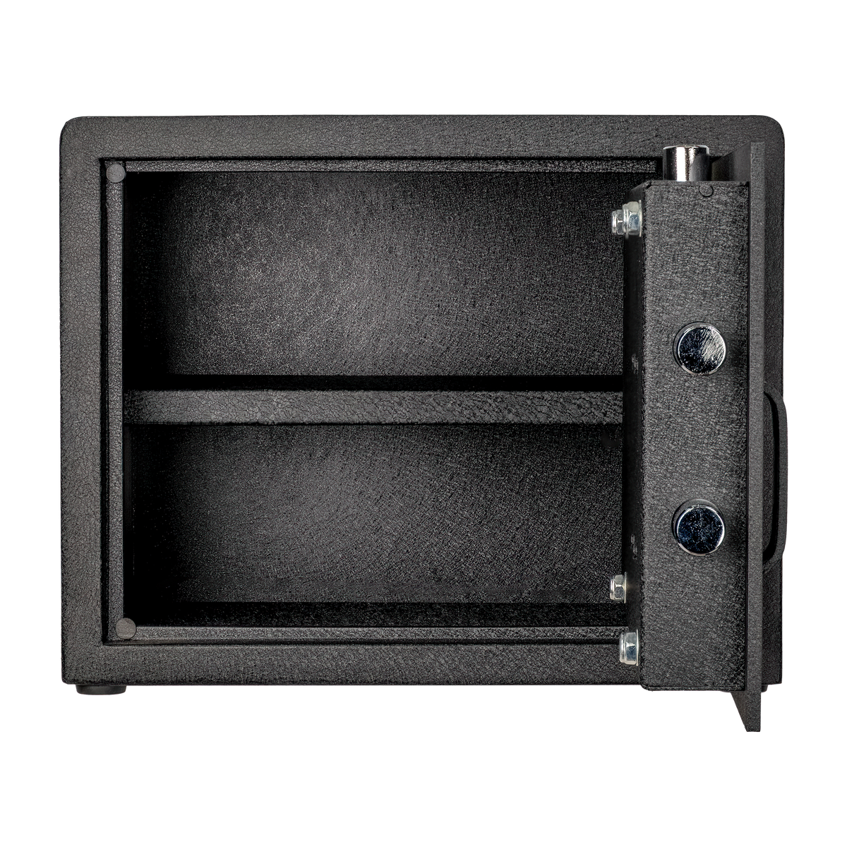 Spika SPK key pistol safe with door open showing interior shelf and locking bolts