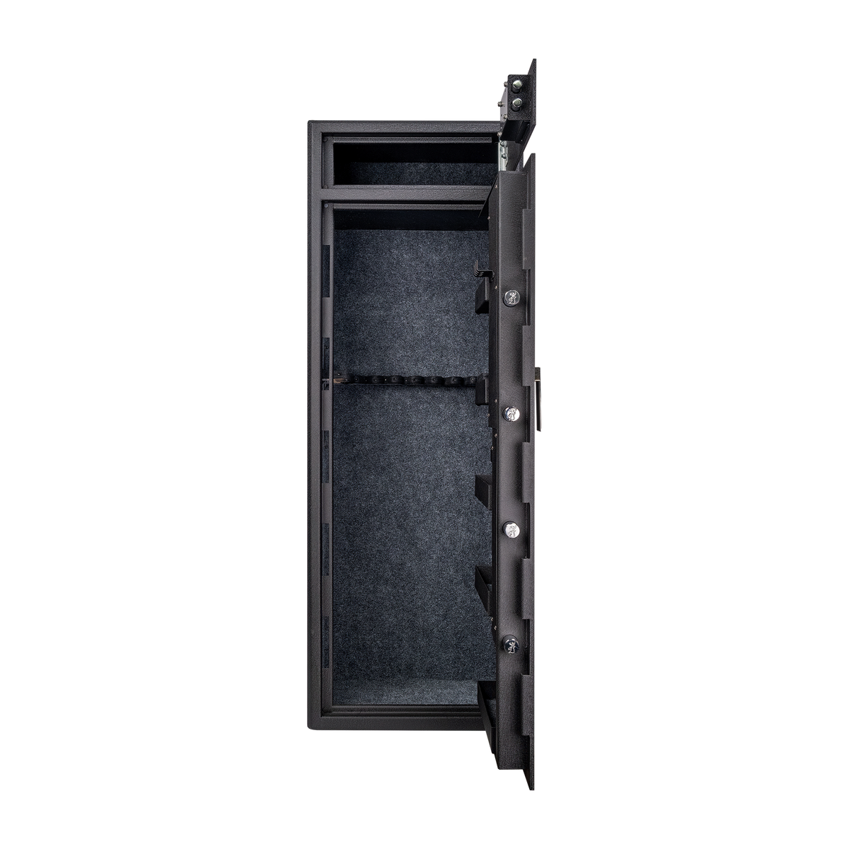 Spika S3CH large 12-gun safe with door open showing carpeted interior and rifle rack