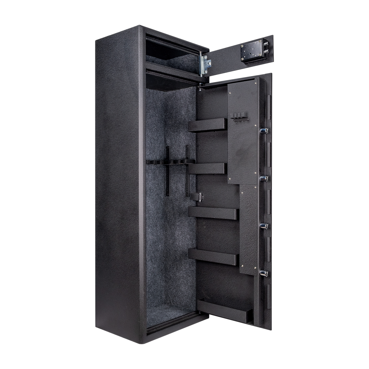 Spika S3CH large 12-gun safe open at an angle showing lockbox and barrel holders on the door