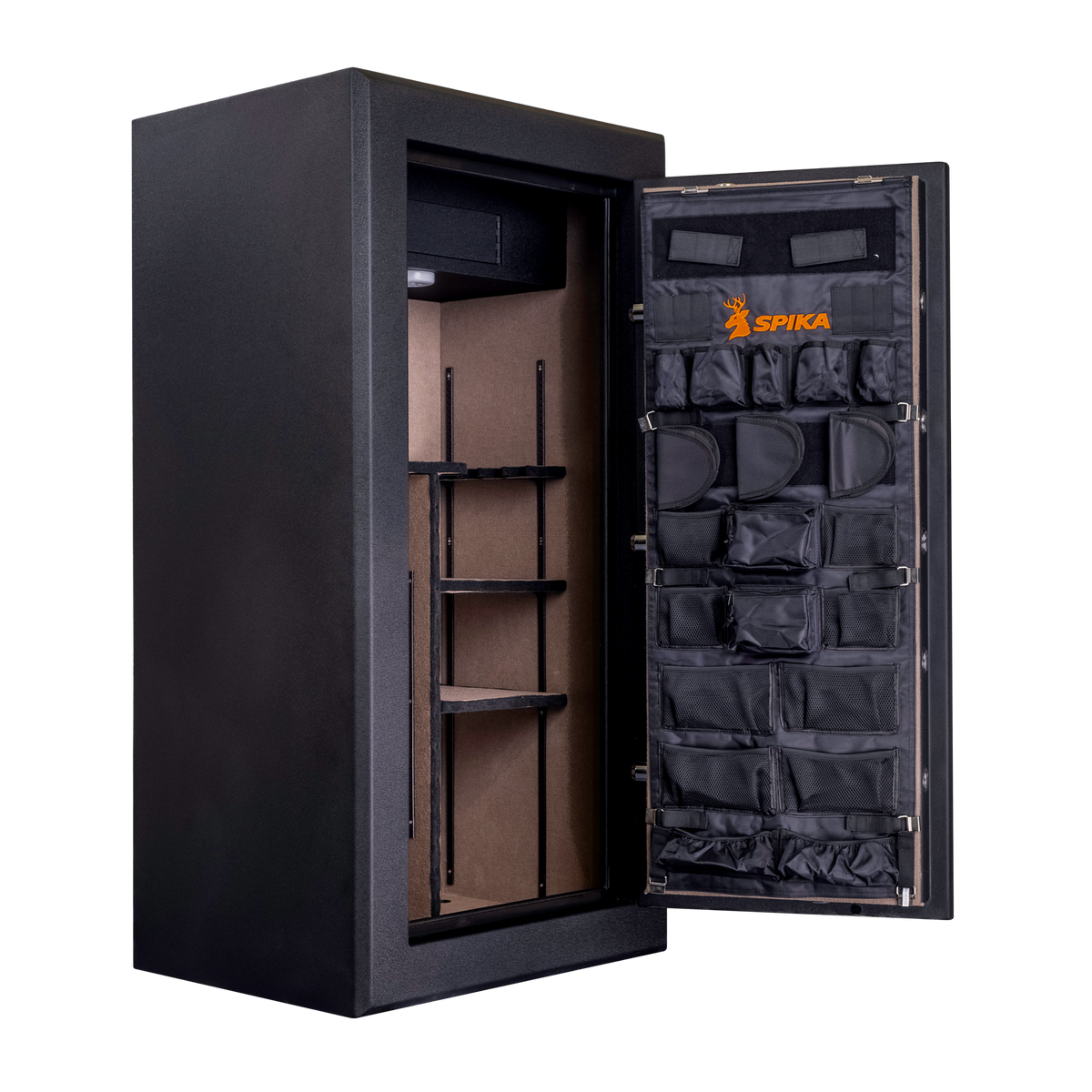 Spika SFB1 large fire resistant safe open showing interior shelving and organiser panel