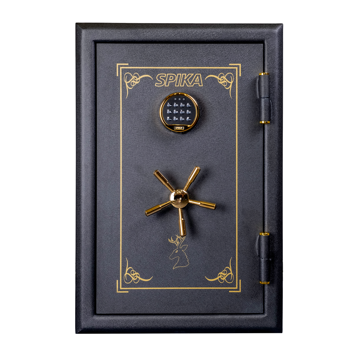 Spika SCB1 large premium home safe front view with gold pinstripe, keypad and spoke handle