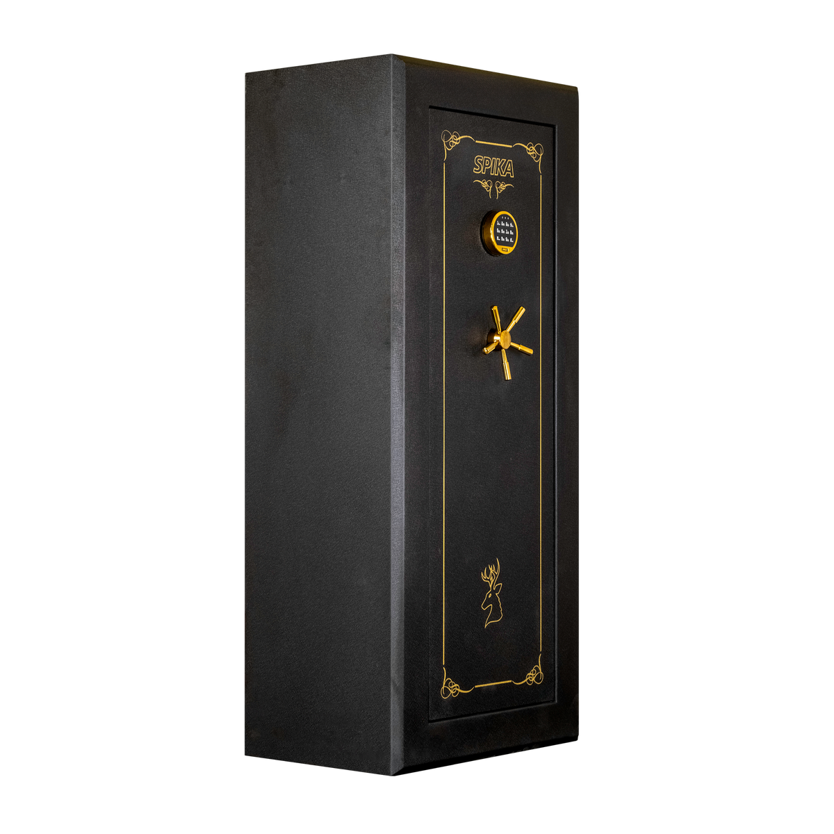 Spika premium 18-gun safe with keypad and brass spoke handle, angled side view