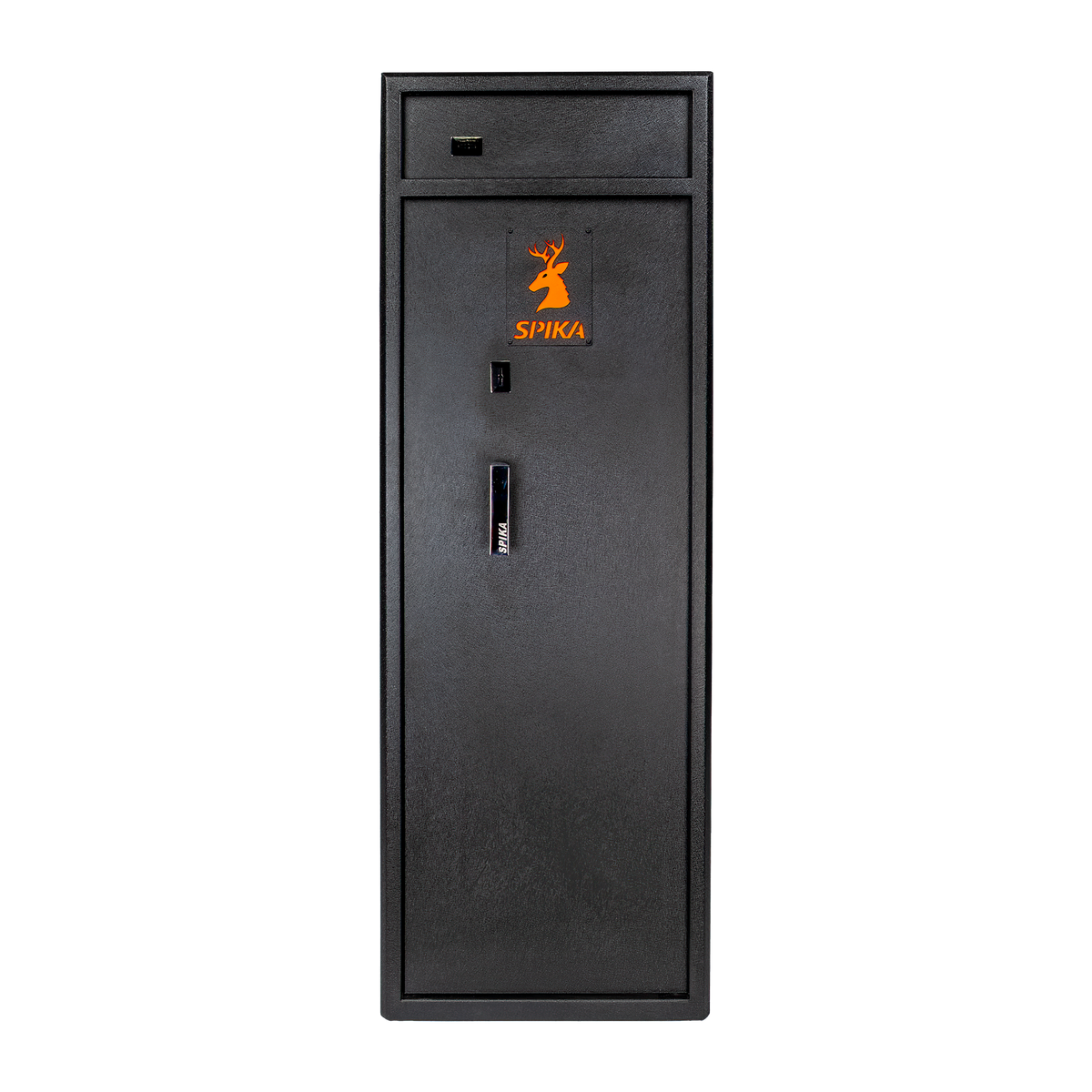 Spika S3 large 12-gun safe front view with top ammo compartment, key lock and handle