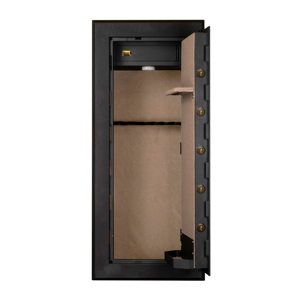 Spika SCH1 large premium 18-gun safe with door open showing lined door and interior