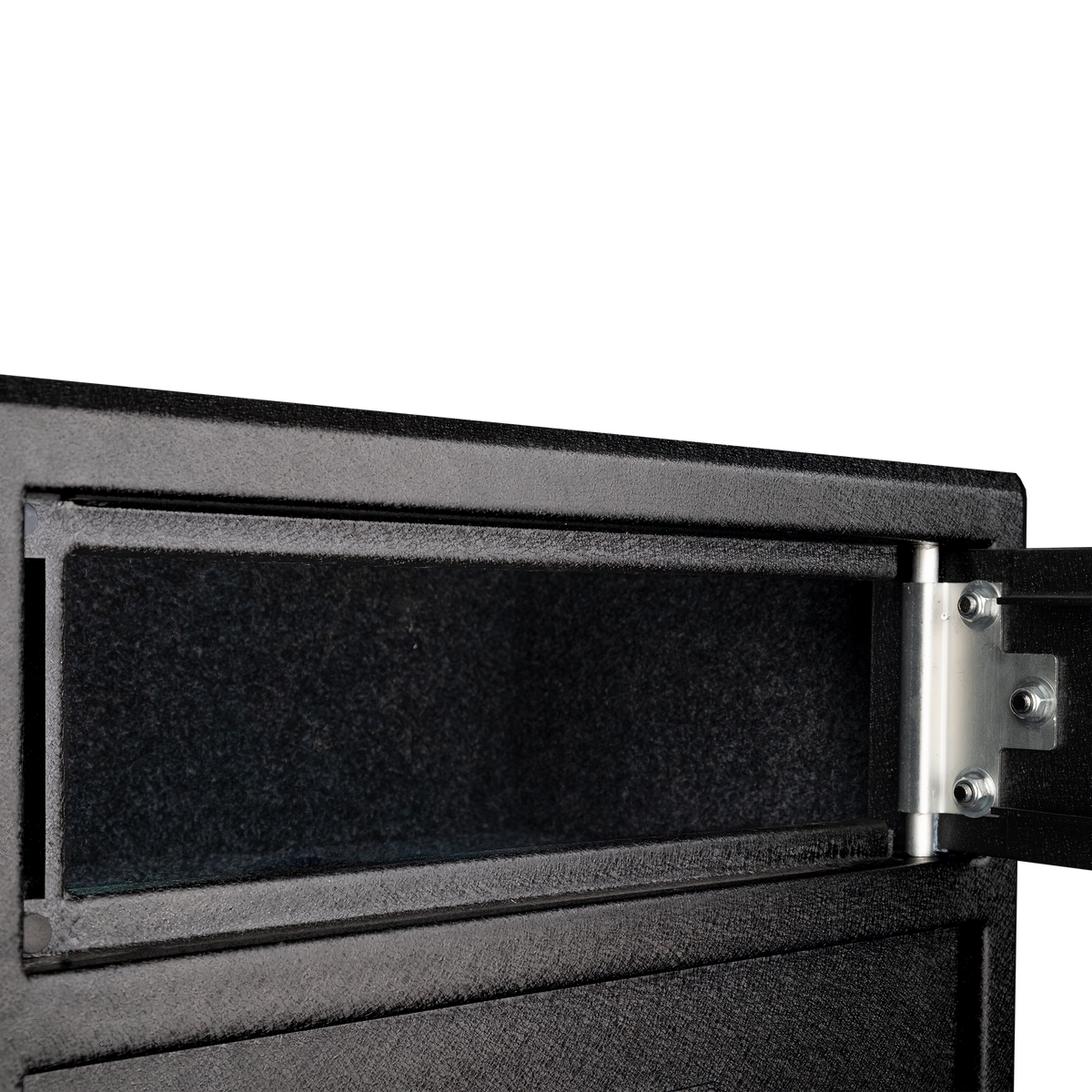 Close-up of the Spika S3 gun safe top ammo compartment open with carpet lining and hinge