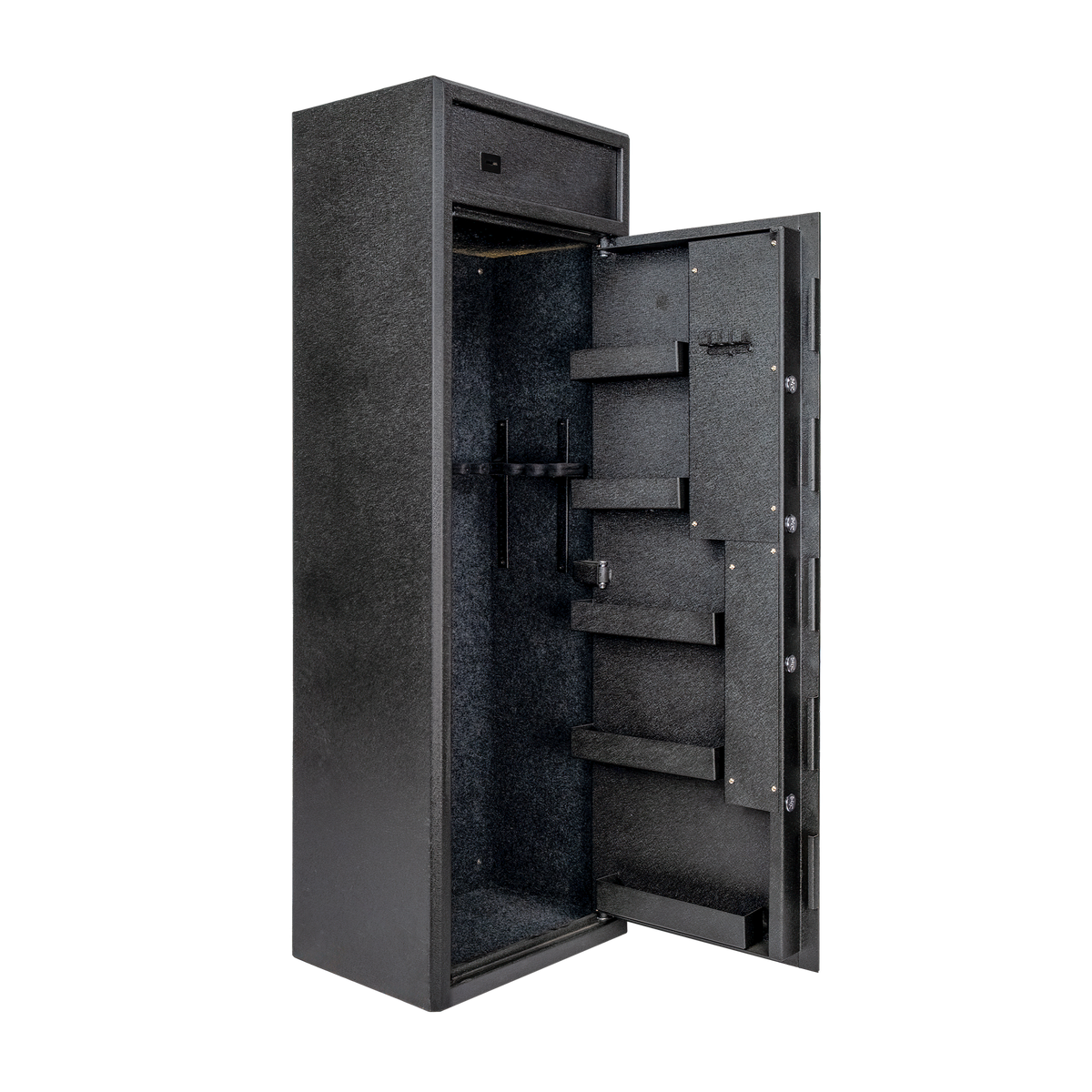 Spika S3 large 12-gun safe open at an angle showing lockbox and barrel holders on the door
