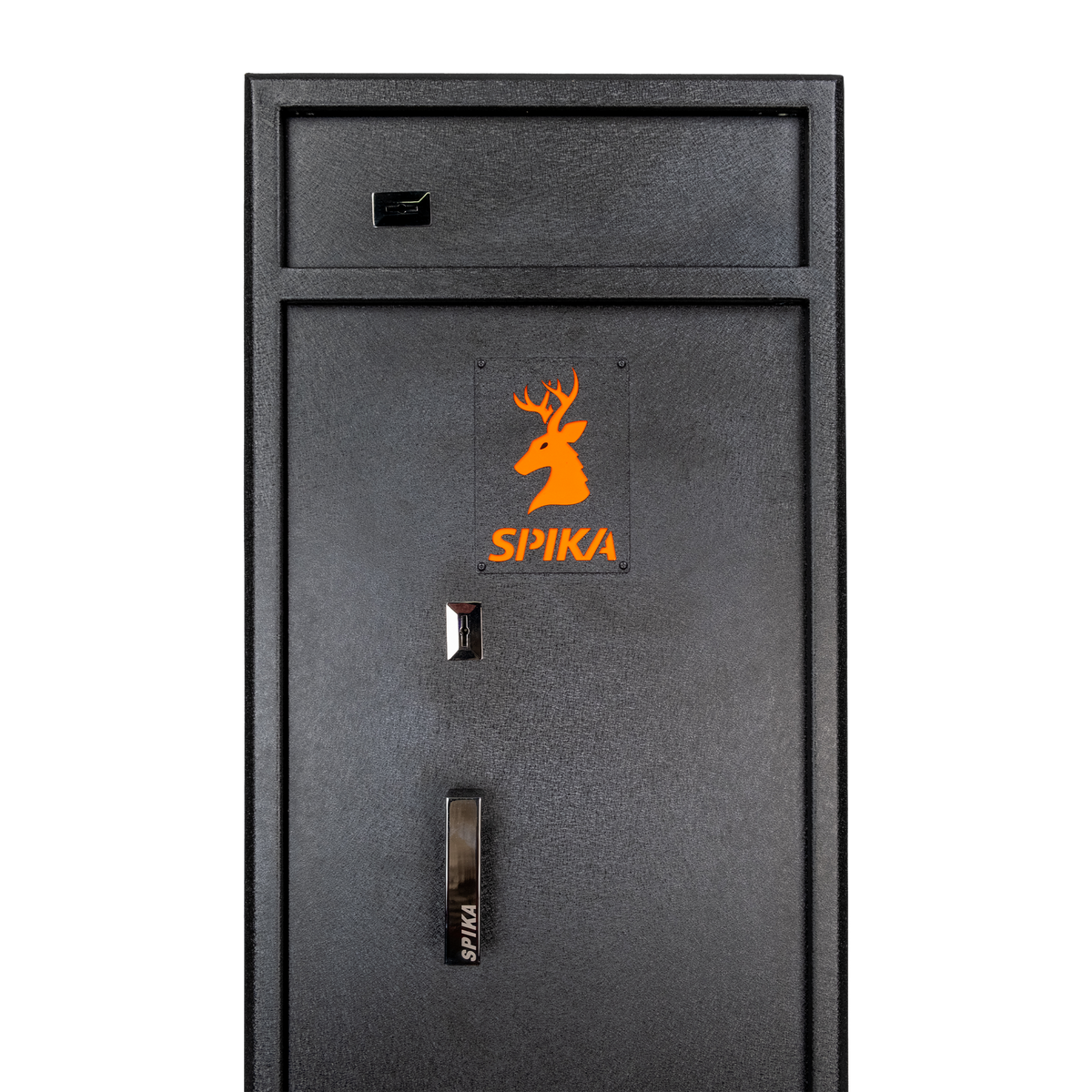 Close-up of the Spika S3 gun safe door with orange stag logo, key lock and handle