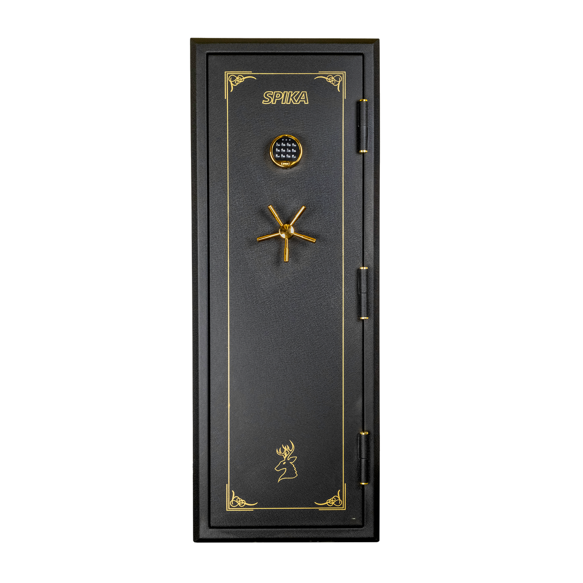 Spika SFABH medium fire resistant safe front view with gold pinstripe, keypad and spoke handle
