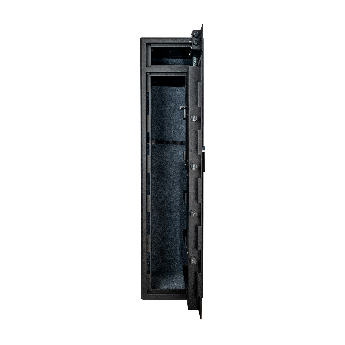 Spika S2 medium 8-gun safe with door open showing carpeted interior and rifle rack