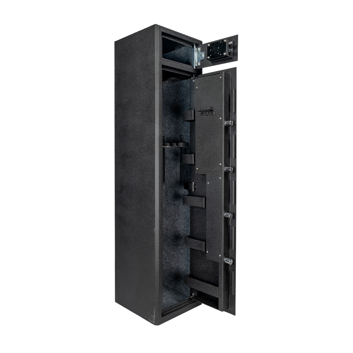 Spika S2 medium 8-gun safe open at an angle showing lockbox and barrel holders on the door