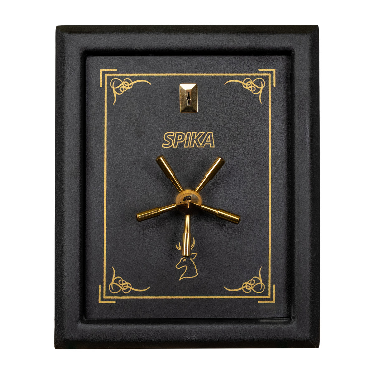 Spika premium pistol safe front view with gold pinstripe, key lock and brass spoke handle