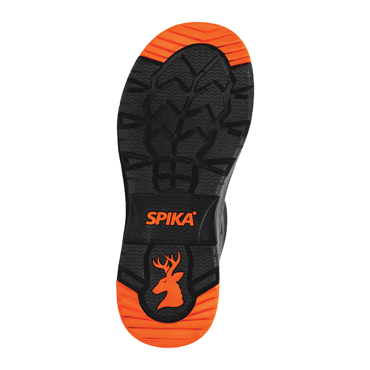 Spika Bruzer men's gumboot outsole showing the deep lug tread and orange heel with stag logo