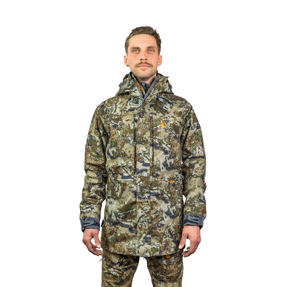 Man modelling the Spika Stalker men's hunting jacket in Biarri Camo, front view