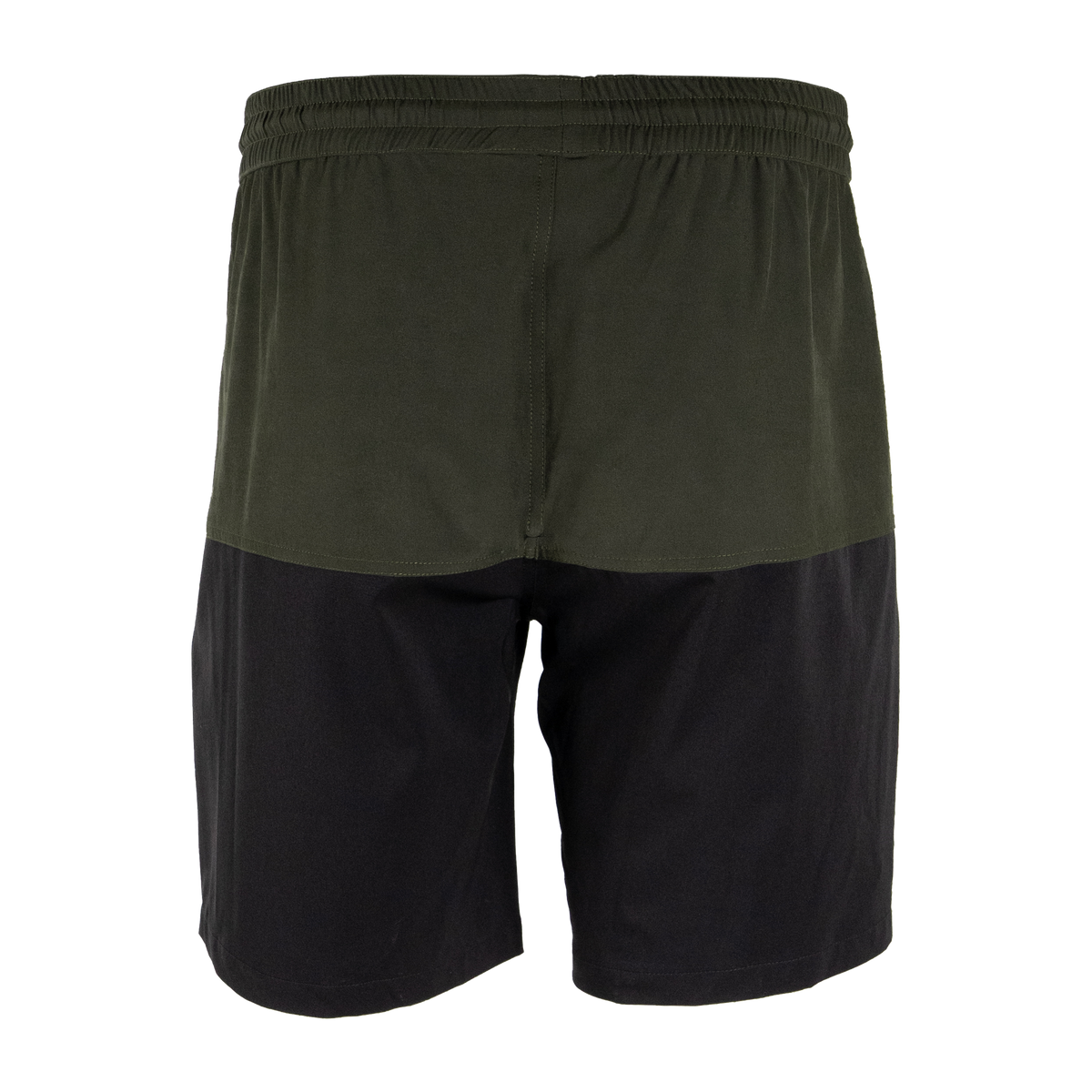 Spika Mako men's shorts in Olive/Black, back view of the elastic waist and two-tone panels