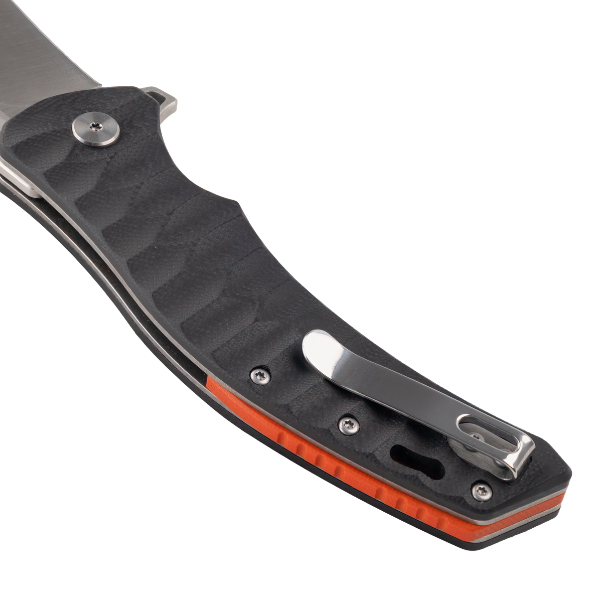 Close-up of the Spika Bushmaster Viper handle showing pocket clip, textured scale and orange liner