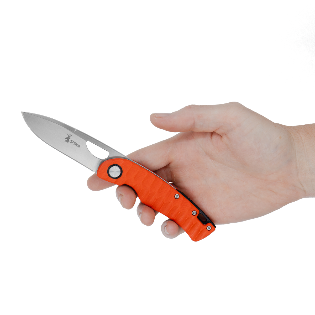 Spika Bushmaster Tango folding knife held in hand to show the orange grip and blade length