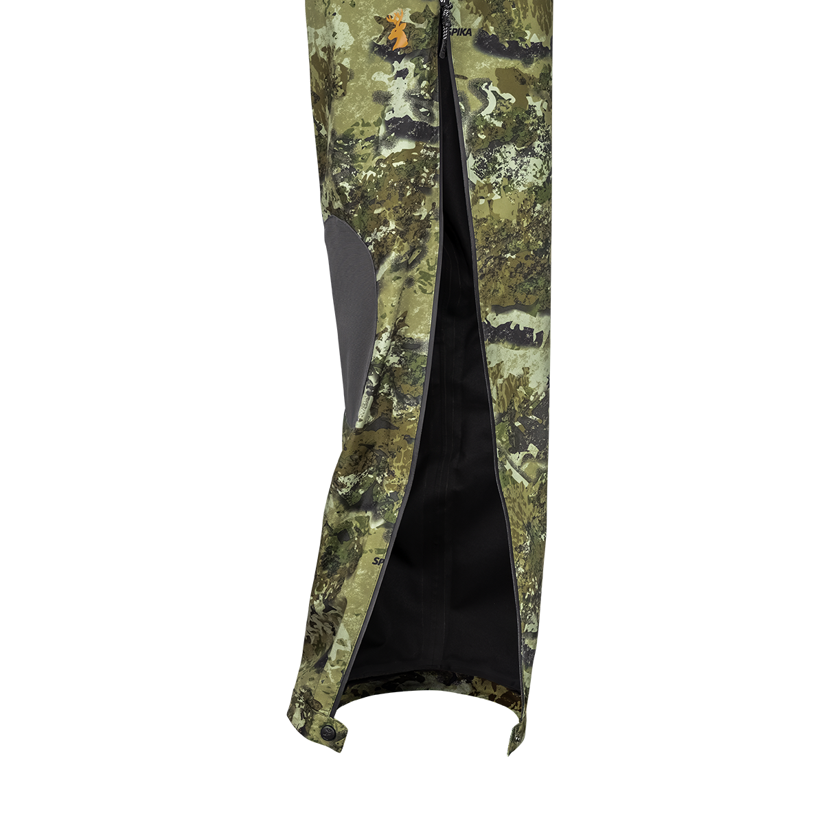 Spika Edge men's Biarri Camo pants close-up of the full-length side leg zip opened at the ankle