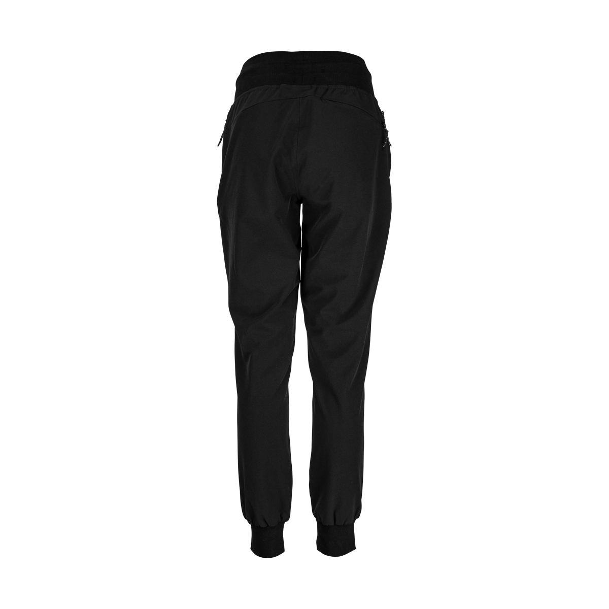 Spika GO Casual women's jogger pants in black, back view showing tapered leg and ribbed ankle cuffs