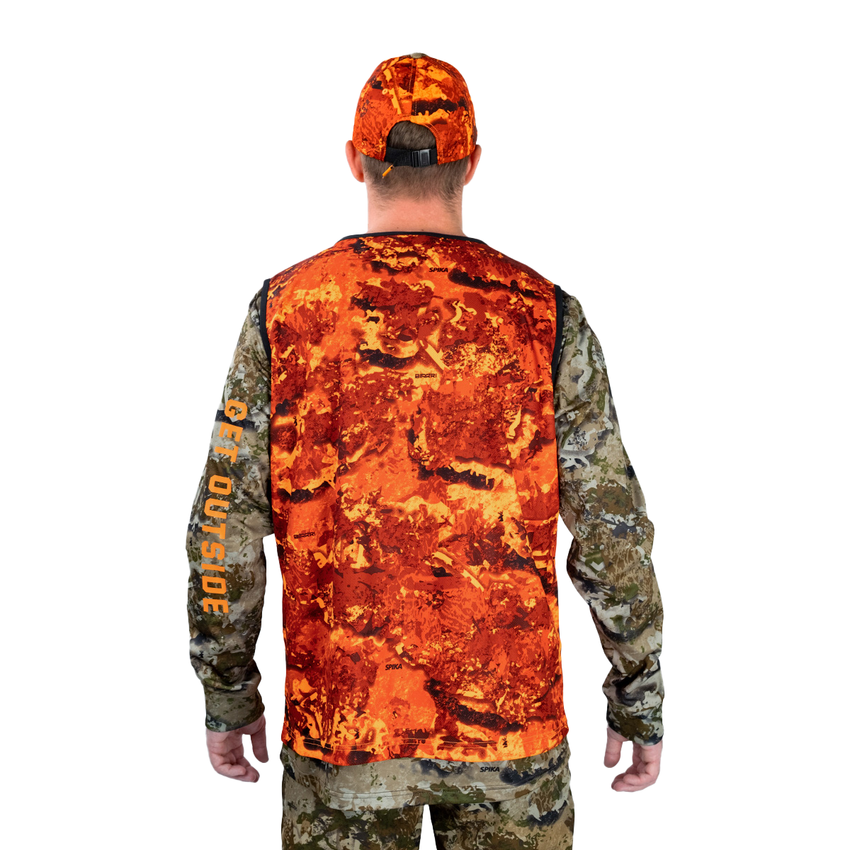 Hunter wearing the Spika Ranger vest in Biarri Blaze with a blaze cap, back view