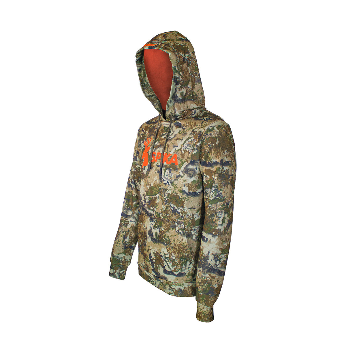 Spika GO Classic men's Biarri Camo hoodie, three-quarter side view with orange hood lining