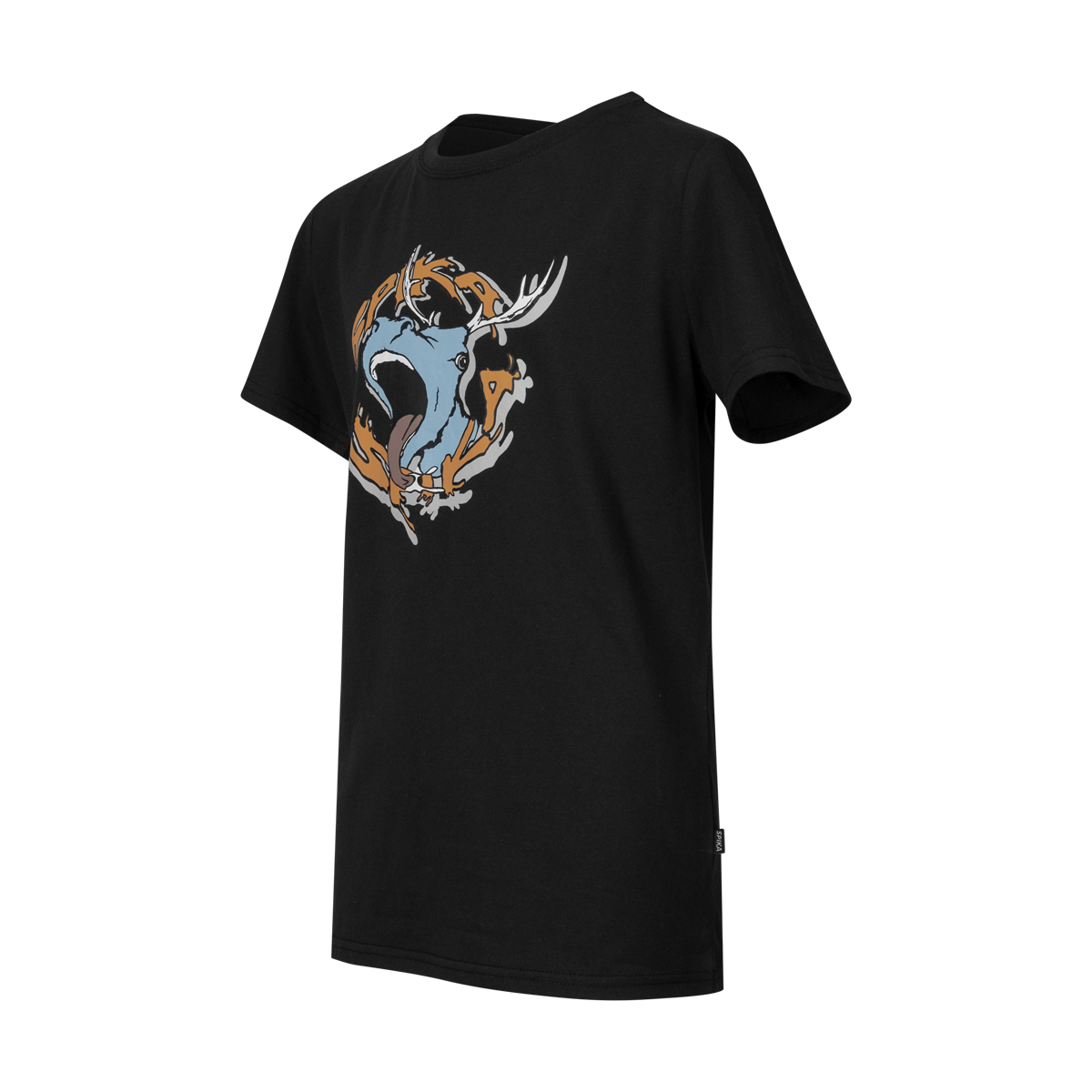 Spika GO Rogue kids' black T-shirt, three-quarter side view with roaring stag SPIKA print