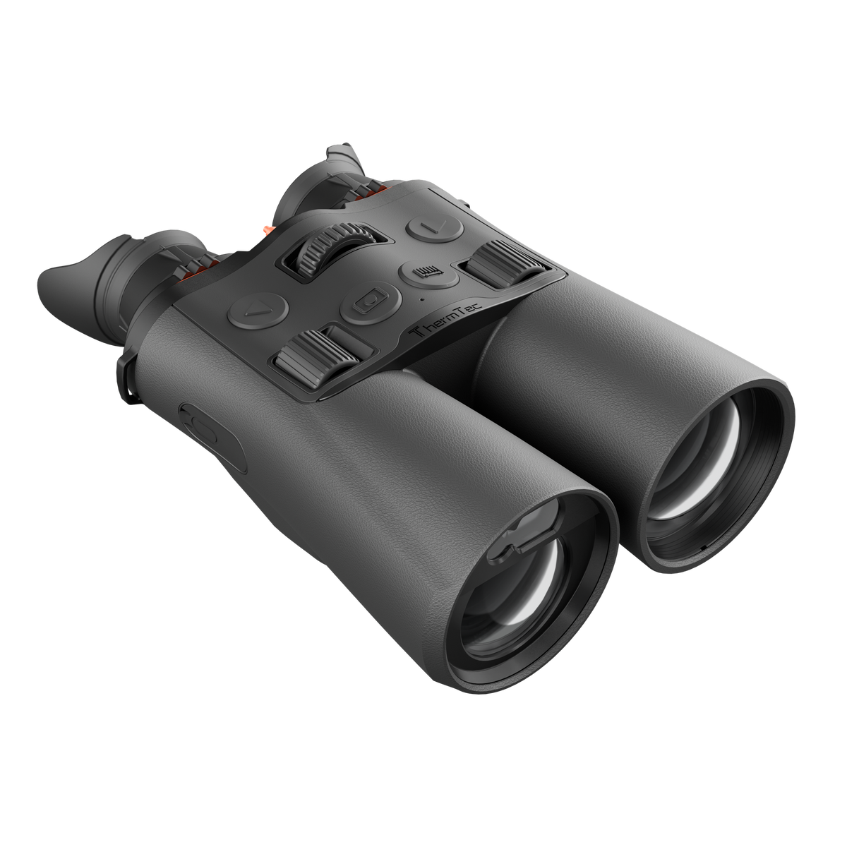 ThermTec Ventus 635L multi-spectrum binoculars in grey, front three-quarter view of objective lenses