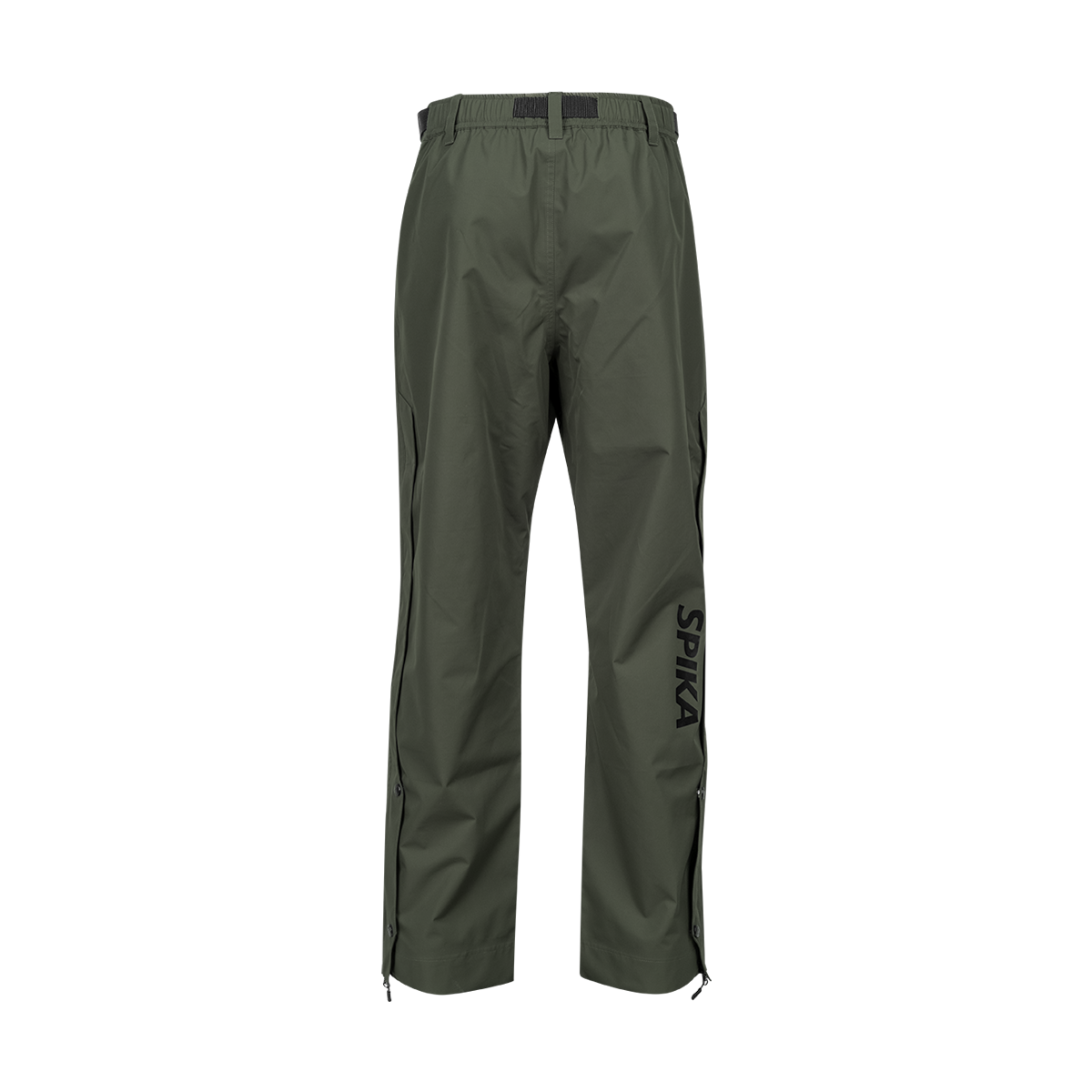 Spika Scout men's pull-on pants in Olive, back view with full-length side zips and Spika leg logo