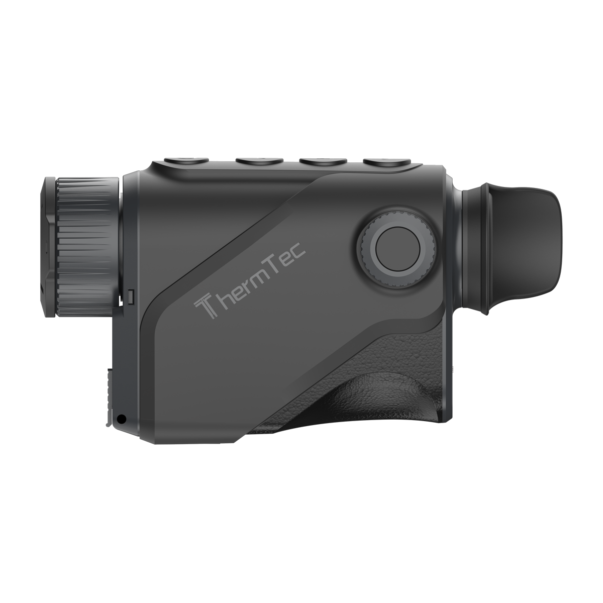 ThermTec Cyclone 315 thermal monocular in dark grey, opposite side showing ThermTec logo and focus dial