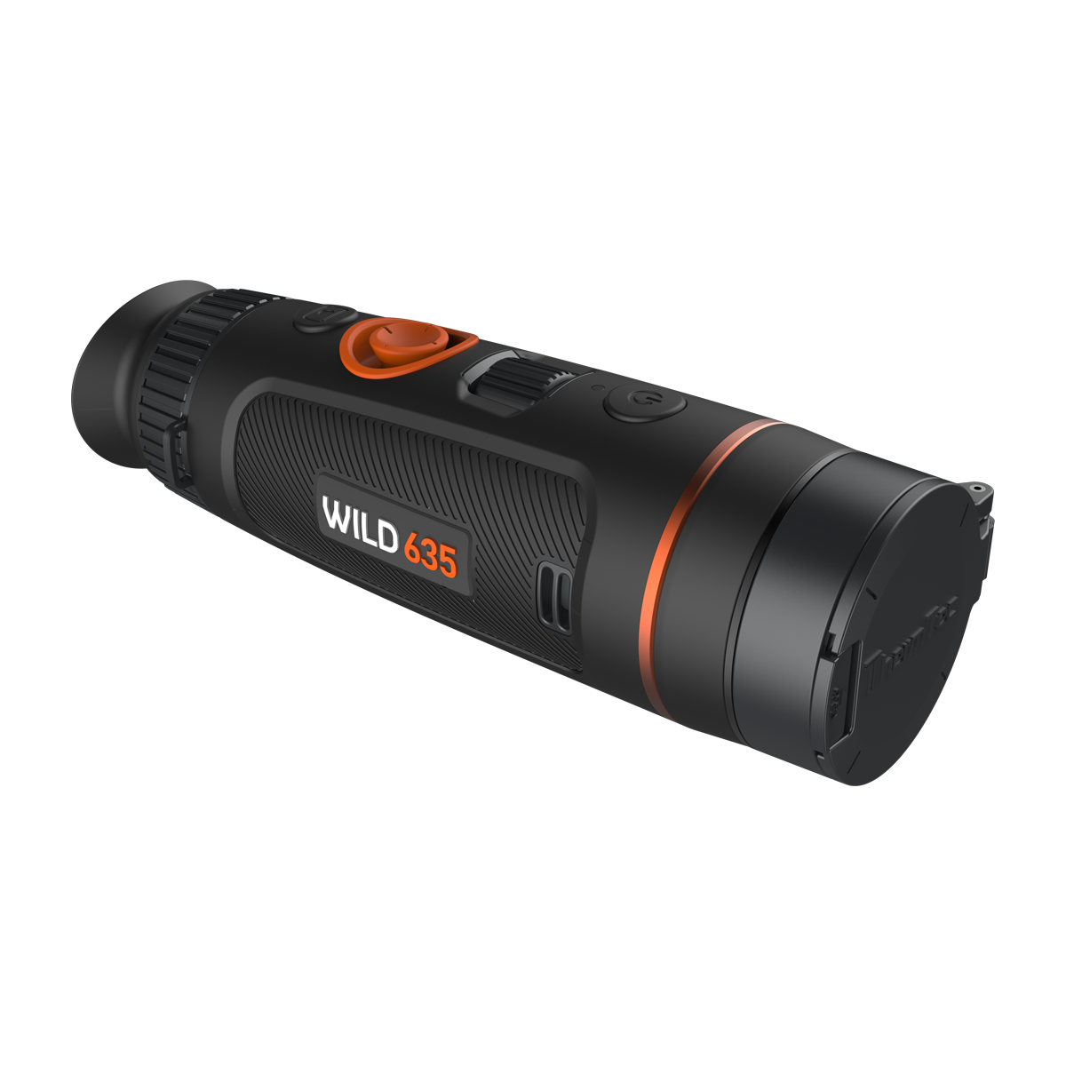 ThermTec Wild 635 thermal monocular, front three-quarter view with the lens cap closed