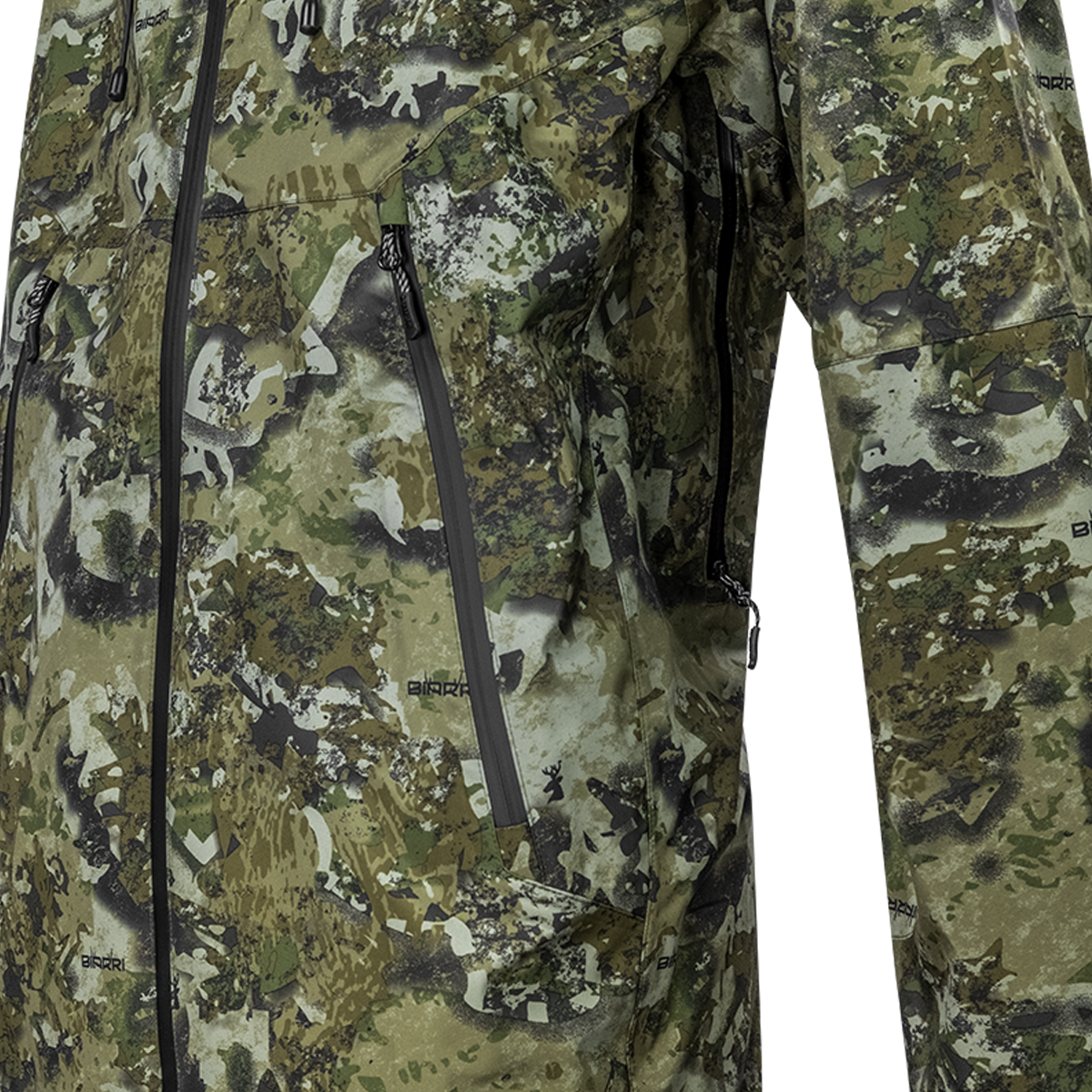Spika Edge men's Biarri Camo jacket close-up of the waterproof front zip and chest pocket zips