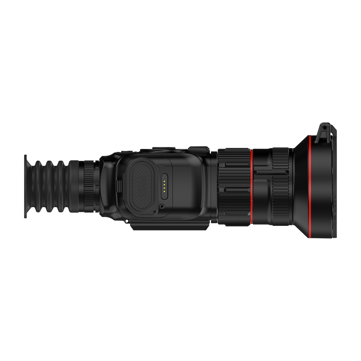 ThermTec Vidar 660 2.0 thermal compact scope, left side profile with battery compartment contacts exposed