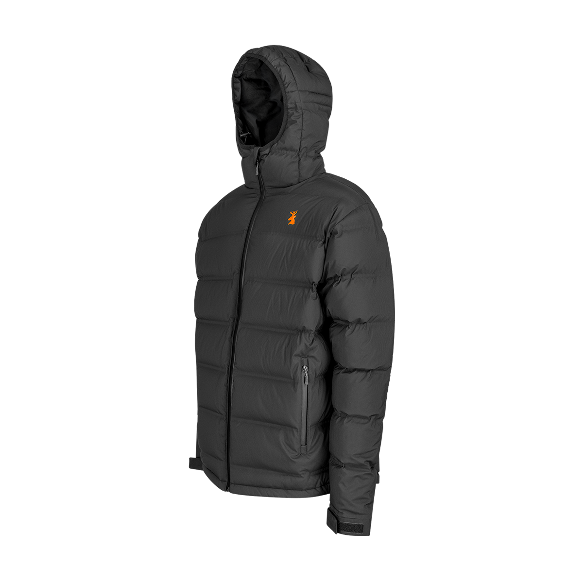 Spika Terra men's puffer jacket in Black, three-quarter view with hood and zip hand pocket