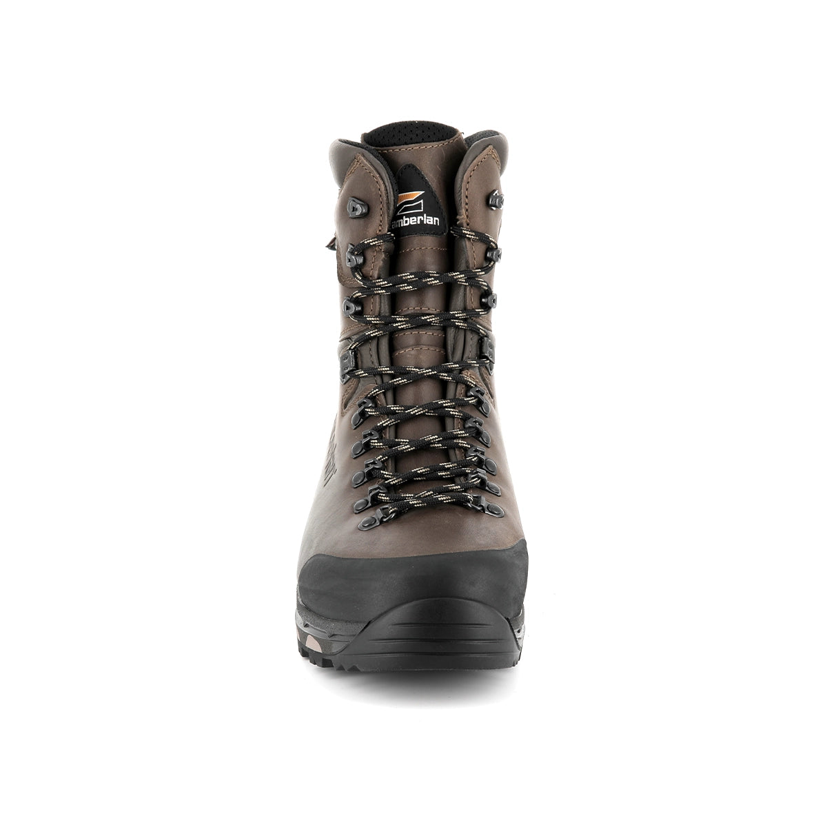Zamberlan 1004 Hunter Evo GTX RR WL men's hunting boot in Waxed Chestnut, front view of toe cap and lacing