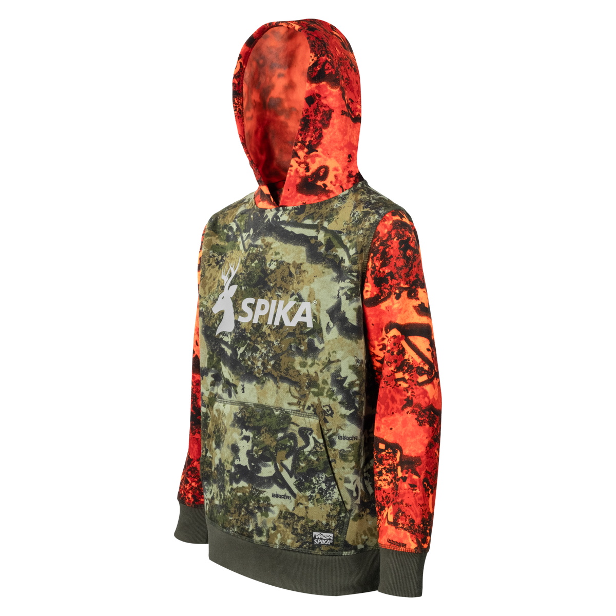 Spika GO Classic V2 kids' Biarri Blaze hoodie, three-quarter view showing hood and raglan sleeves