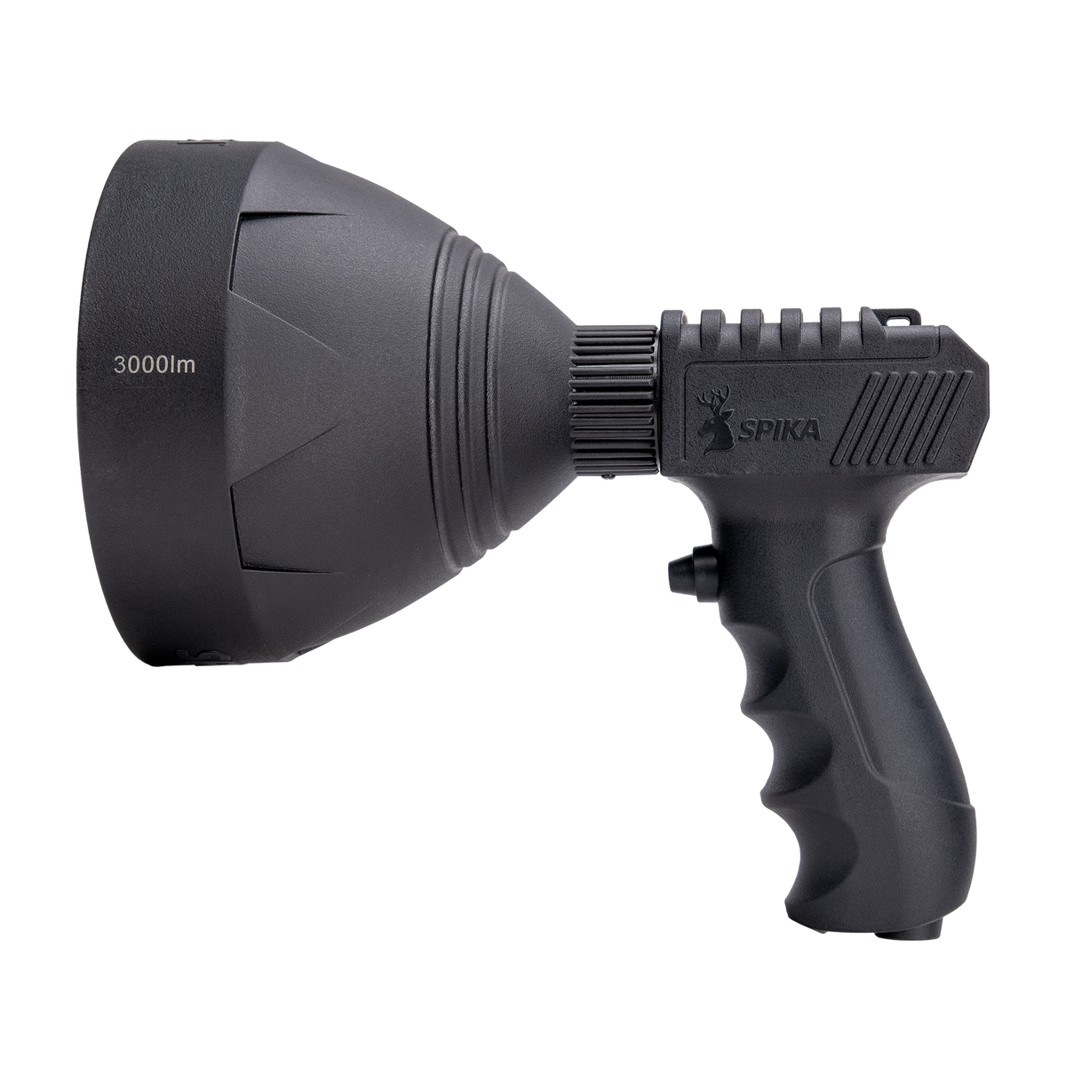 Spika Trigger Light 3000 lumen spotlight, side profile with 3000lm marked on the head and pistol grip