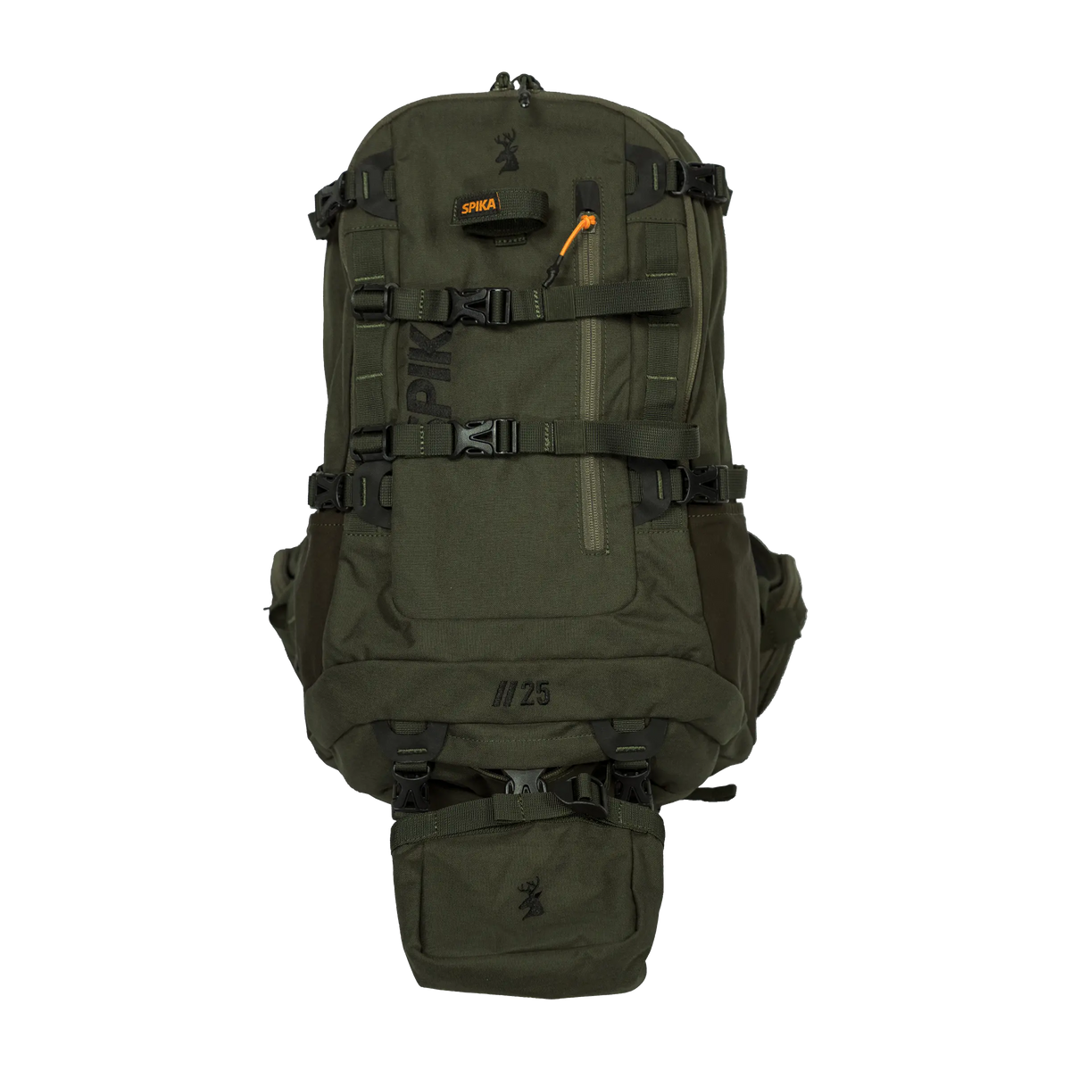 Spika Drover II Pro Pack 25L in Olive Summit, front view with lower pouch attached and II/25 marking