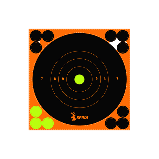 Spika ShotView target, black bullseye with lime green centre and numbered rings on orange backing
