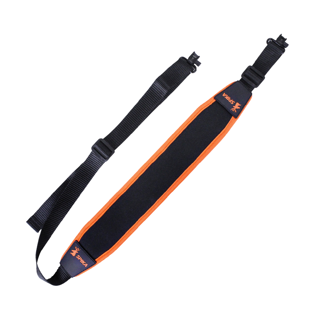 Spika Alpine Sling Pro rifle sling, black padded neoprene with orange trim, Spika logos and swivels